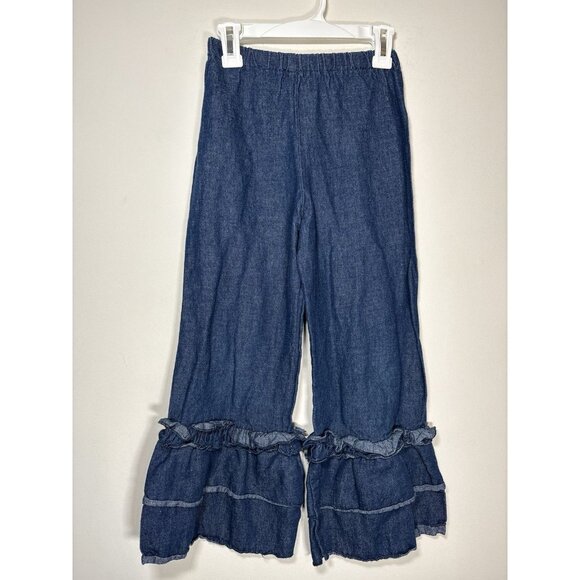 LOLLY WOLLY DOODLE Ruffle Pant Denim Jean Elastic Waist Girlie Preppy Size 7 - Picture 1 of 4